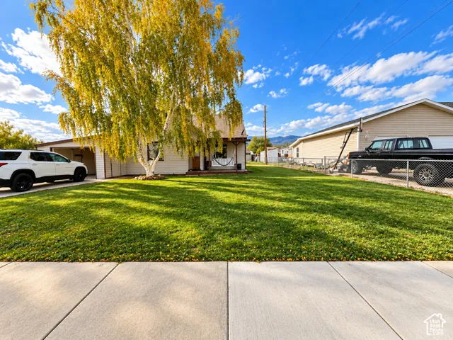 Single-story exterior with light-toned siding, covered front porch, attached carport, manicured lawn, and mature ornamental tree