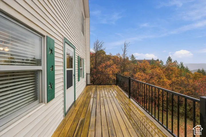 Elevated wood deck featuring black metal railing, light-toned horizontal siding, and decorative green shutters