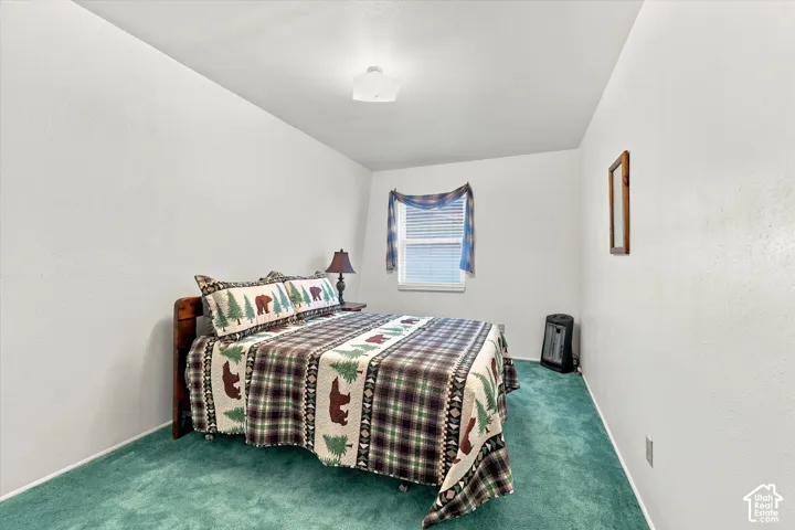 Neutral wall finishes, plush carpeting, single-hung window with fixed decorative trim, and square ceiling-mounted light fixture