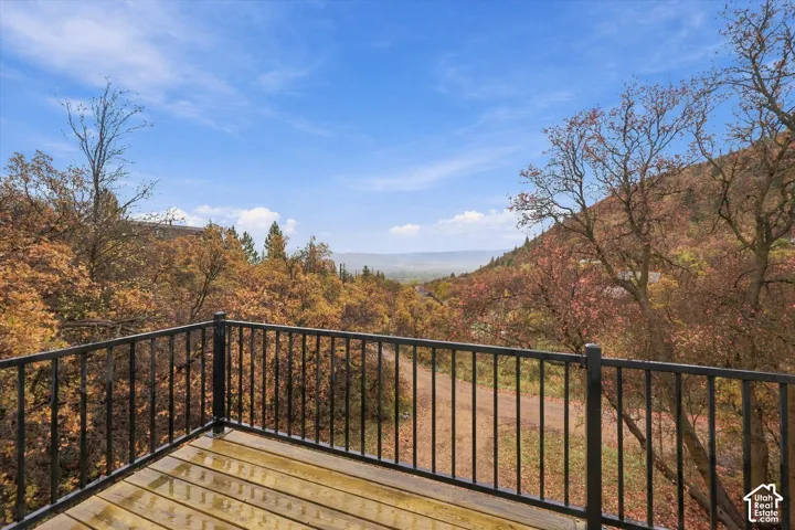 Elevated wooden deck featuring a black metal railing and expansive mountain terrain