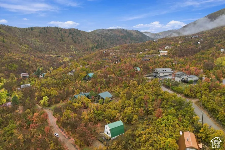 Aerial perspective of mountainous terrain featuring dense deciduous forest, varied elevation, and paved roadway access