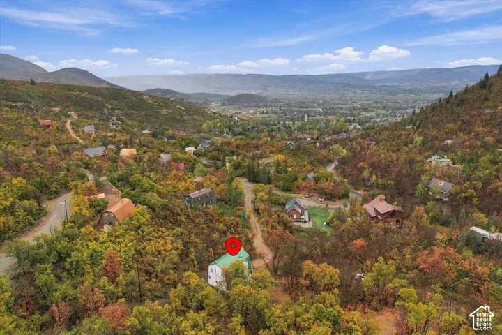 Elevated hillside property featuring a metal roof, mature deciduous trees, and expansive mountain terrain