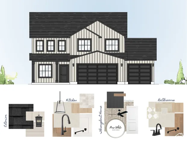 Architectural Elevation and Finishes Schedule. Displaying the structural rendering and material specifications for the property