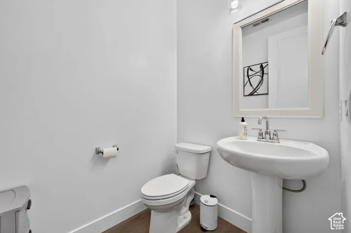 White pedestal sink with chrome faucet, wood-finish flooring, and wall-mounted vanity mirror
