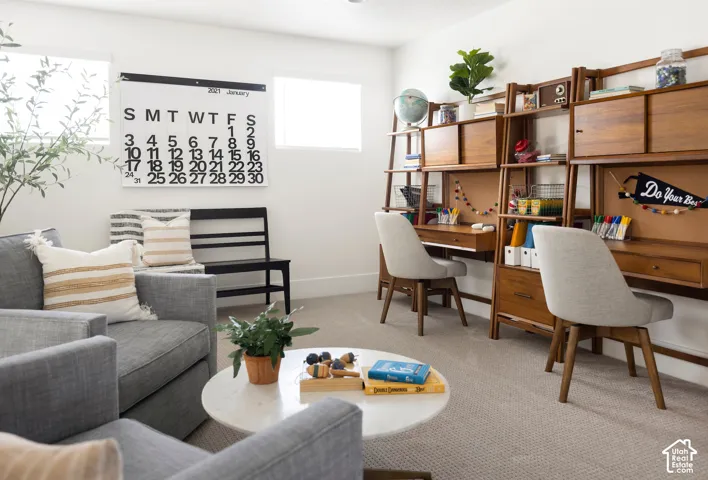Built-in wooden shelving with integrated desks, recessed lighting, and carpeted flooring