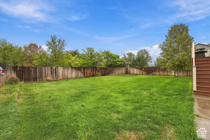 Expansive backyard featuring a large grass lawn, perimeter wood fencing, and mature trees