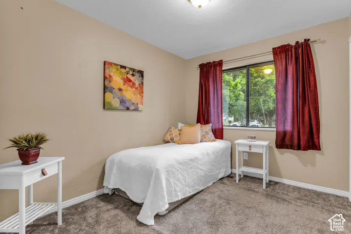 Bedroom featuring neutral wall paint, carpeted flooring, and a large window