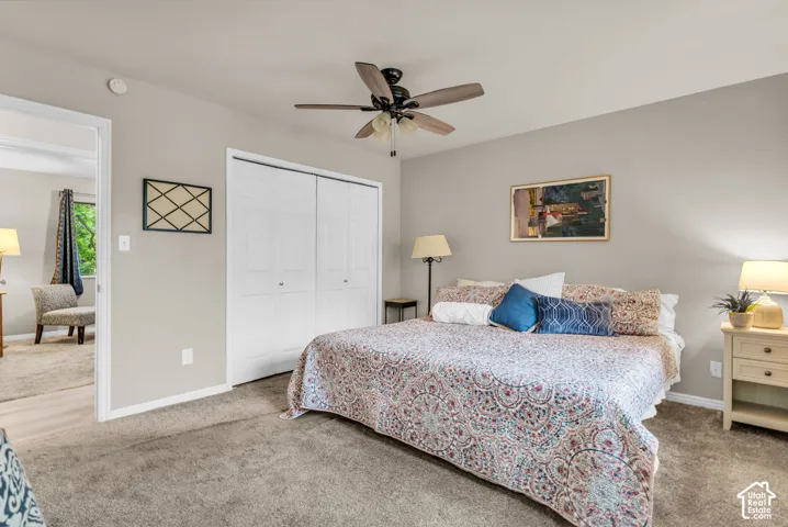 Neutral wall tones featuring carpeting, a ceiling-mounted light fixture with fan, and a dual-panel closet door