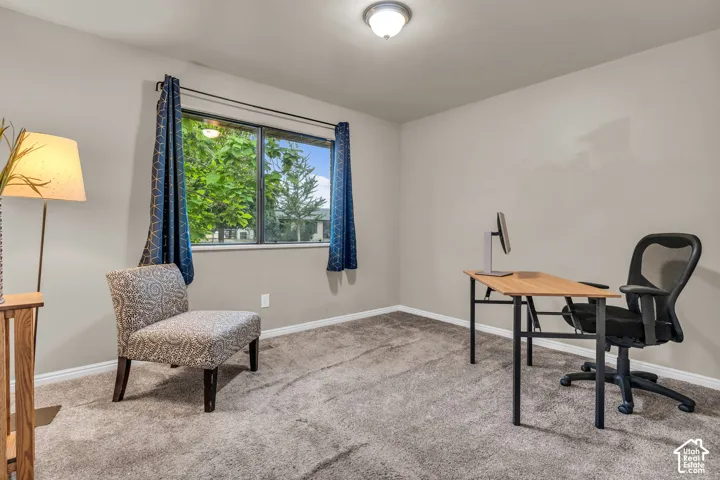 Neutral-toned walls, plush wall-to-wall carpeting, and a window with exterior scenery illuminated by a flush-mount ceiling fixture