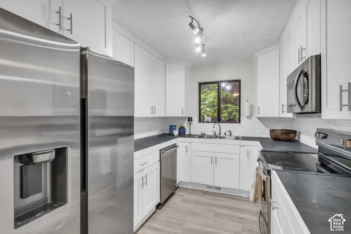 Kitchen featuring white shaker-style cabinetry, dark stone countertops, stainless steel appliances, a double-basin sink, and wood-finish flooring