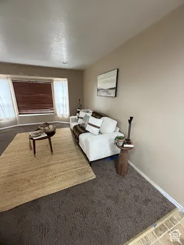 Room featuring neutral wall tones, textured carpeting, and a multi-paneled bay window