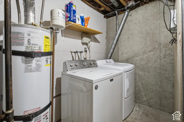 Utility area featuring a water heater, exposed concrete walls, and dedicated washer and dryer hookups