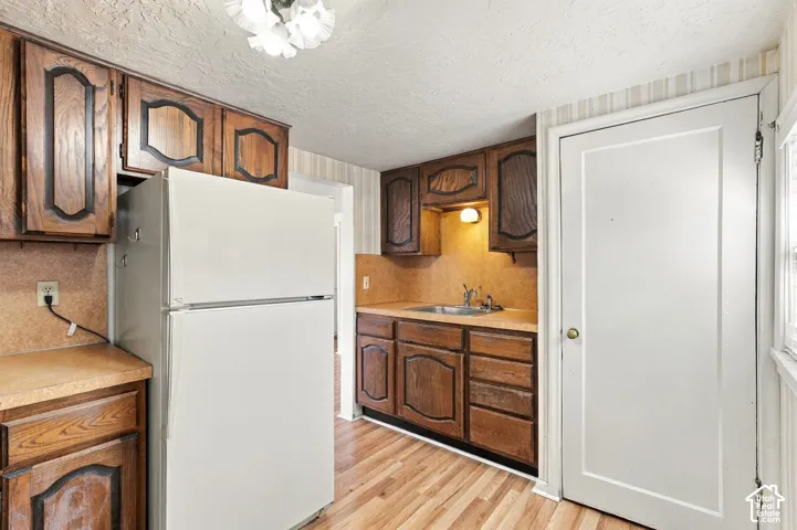 Wood-finish flooring, wood cabinetry, laminate countertops, single basin sink, and a white refrigerator