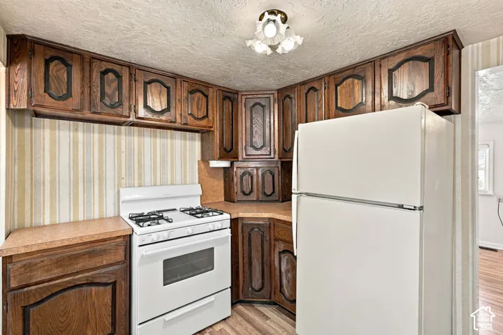 Wood-finish cabinetry, built-in gas range, coordinating refrigerator, and a ceiling-mounted light fixture