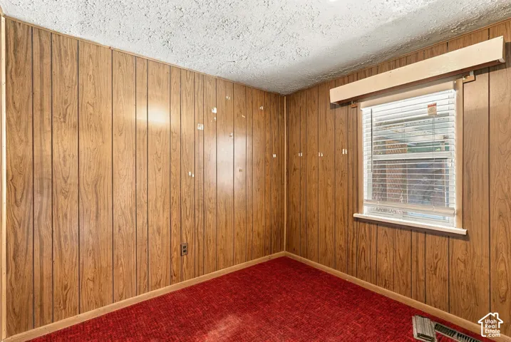 Wood paneling, red carpeting, window with horizontal blinds, and a popcorn ceiling