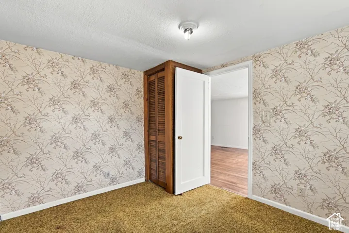 Textured wallpaper, wood-finish bi-fold closet doors, carpeted flooring, flush mount ceiling light, and white interior door