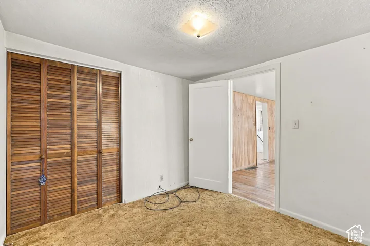 Flush-mounted ceiling light fixture, wood louvered closet doors, and light-colored wall finishes