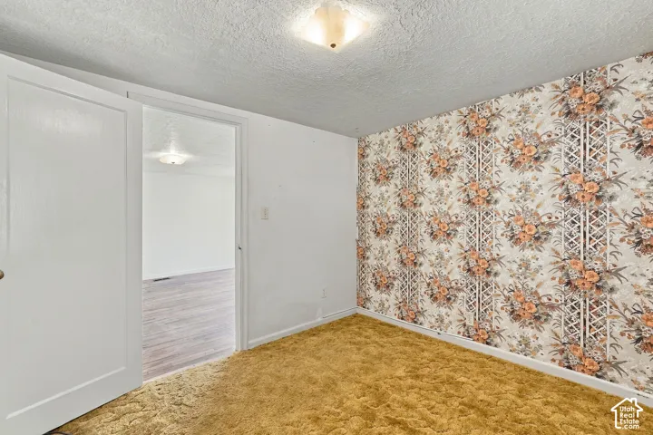 Textured ceiling with a surface-mounted light fixture, floral patterned wallpaper, and wall-to-wall carpeting
