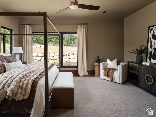 Neutral tone wall paint, recessed ceiling lighting, ceiling fan, large windows, and wall-to-wall carpeting
