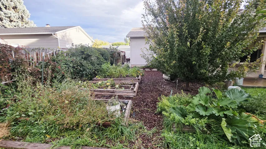 Backyard featuring multiple raised garden beds, wood-chip ground cover, and mature trees enclosed by wood fencing