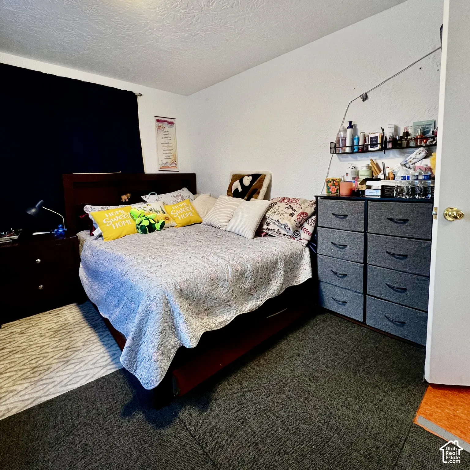 Room featuring textured walls, neutral wall-to-wall carpeting, and a standard swinging door with a brass-finish knob