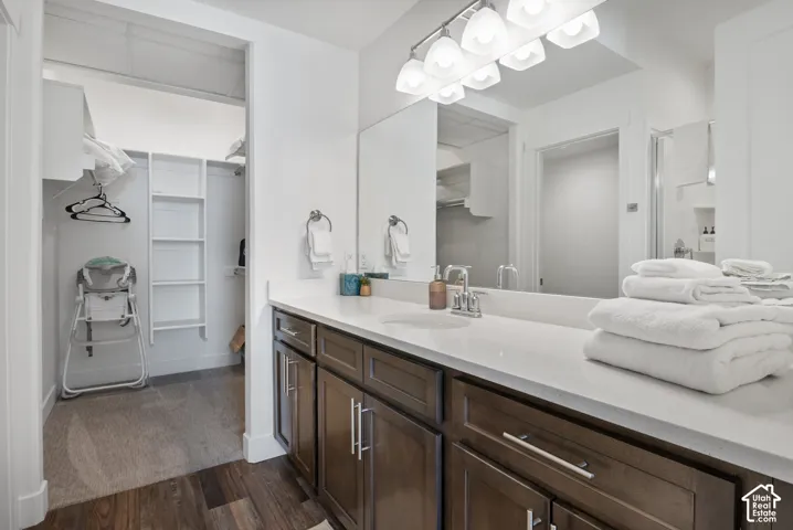 Bathroom featuring dark-finish cabinetry, solid-surface countertop, an inset sink with polished chrome hardware, a full-width vanity mirror, and an integrated walk-in closet with built-in shelving