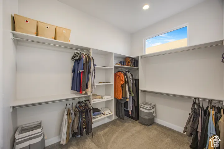 Walk-in closet featuring white built-in shelving, integrated hanging rods, carpeted flooring, and a rectangular transom window