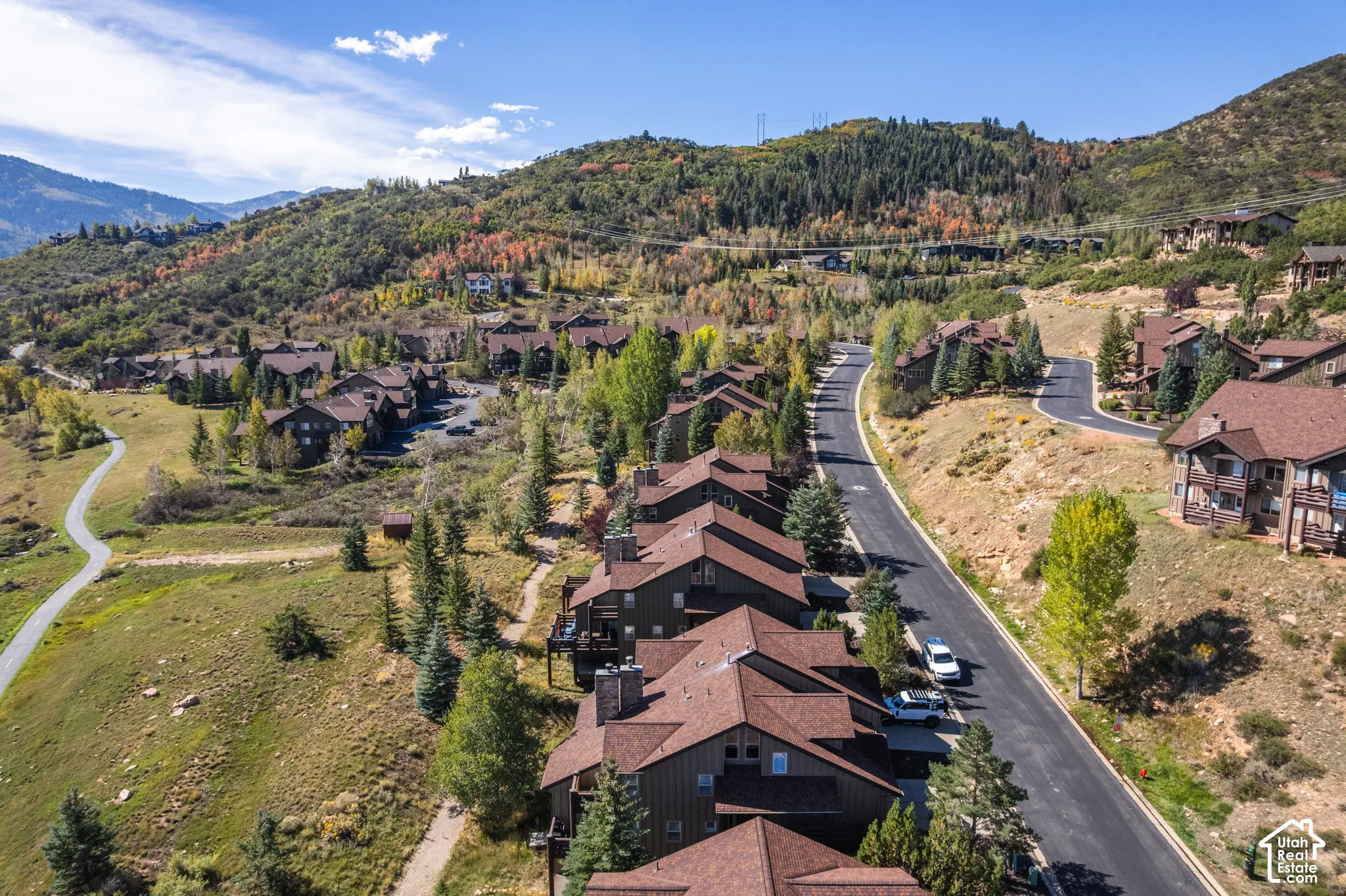 Residential community with multi-level properties featuring brown siding and brown shingle roofs, set among mountainous terrain with mature trees