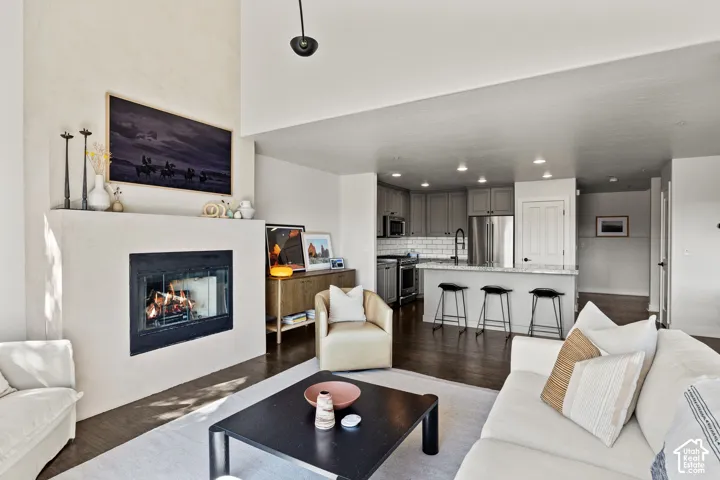 Living area featuring a fireplace with a stone surround, wood-finish flooring, and a kitchen with gray cabinetry, stainless steel appliances, and a breakfast bar with seating