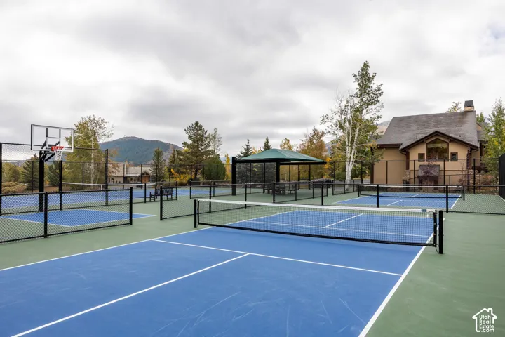 Multi-sport court featuring dedicated pickleball courts, a basketball hoop, and chain-link fencing