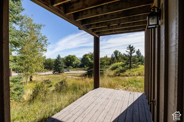 Outdoor decking with wood paneling and exposed ceiling joists