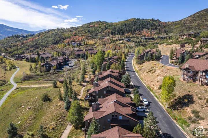 Residential community with multi-level properties featuring brown siding and brown shingle roofs, set among mountainous terrain with mature trees