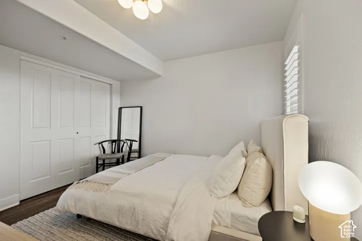 Recessed lighting, wood-finish flooring, white paneled closet doors, and window shutters