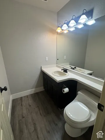 Main Bathroom featuring wood-finish flooring, dark-finish cabinetry, a solid-surface vanity countertop with an integrated basin, a large-format vanity mirror, and multi-bulb wall lighting