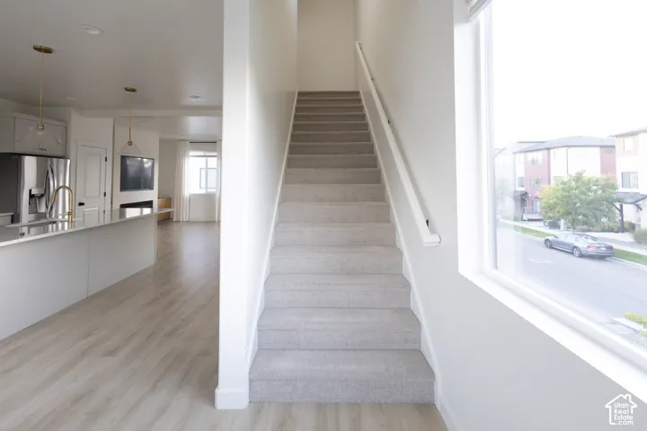 Staircase featuring neutral carpeting and a wall-mounted handrail, complemented by wood-finish flooring and large windows with natural lighting