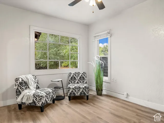 Wood-finish flooring, large multi-pane window, secondary vertical window, and ceiling fan fixture