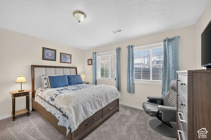 Neutral-toned interior space featuring neutral wall paint, plush carpeting, two windows with horizontal blinds, and a central ceiling-mounted light fixture