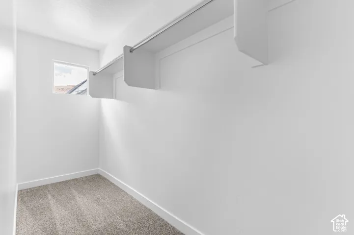 Walk-in closet featuring white wall-mounted shelving with integrated hanging rods, neutral carpeting, and a rectangular window
