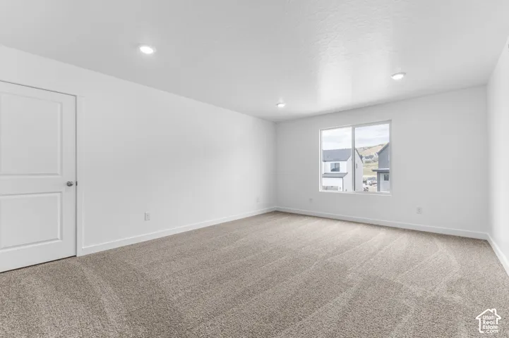 Neutral-toned carpeting, recessed ceiling lighting, and a single-panel interior door