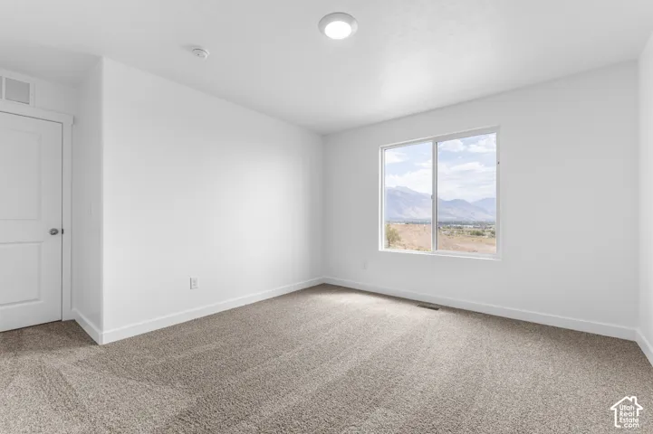 Interior room featuring neutral wall-to-wall carpeting, white walls, flush-mount lighting, and a window framing mountain scenery