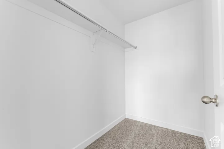 Storage closet featuring wall-to-wall carpeting, white painted interior, and built-in metal hanging rod with shelf