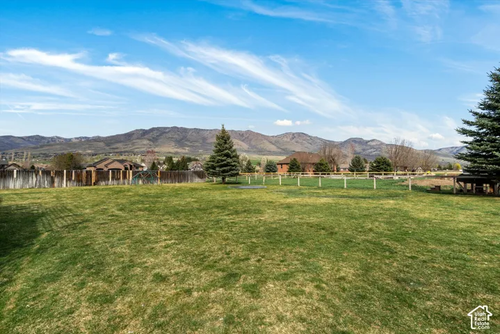 Expansive backyard featuring a large grass lawn, perimeter wood fencing, mature evergreen trees, and a mountain backdrop