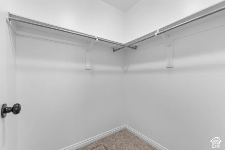Walk-in closet featuring wall-to-wall carpeting, white interior walls, and dual-level metal clothing rods with white support brackets