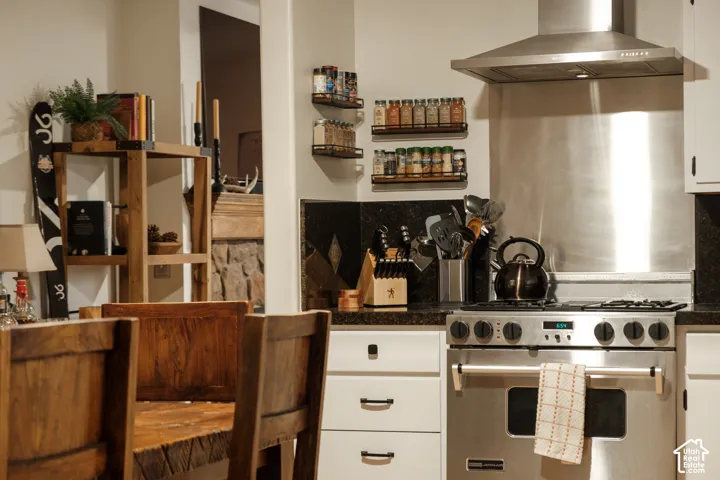 Stainless steel range, stainless steel range hood, dark granite countertops, white cabinetry, and built-in shelving