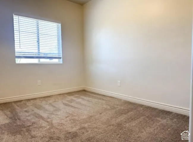 Neutral-toned wall paint, neutral carpeting, and a window featuring horizontal blinds