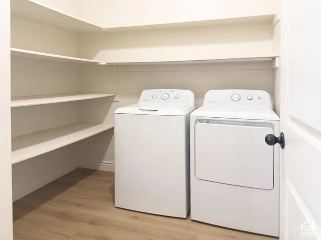 Dedicated utility area featuring wood-finish flooring, multi-level built-in shelving, and a solid-core entry door with a matte black handle