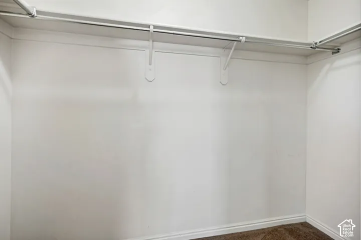 Walk-in storage space featuring neutral wall paint, carpeted flooring, and built-in metal shelving rods with wood-finish supports