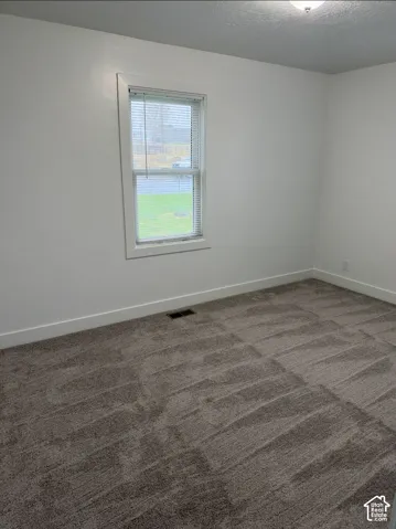 Neutral wall finishes, plush carpeting, and a single-hung window with built-in blinds