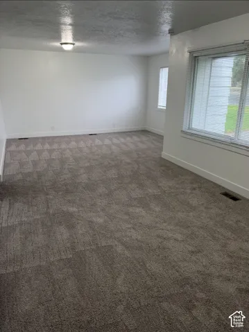 Neutral wall-to-wall carpeting, crisp white interior walls, and large windows with horizontal blinds