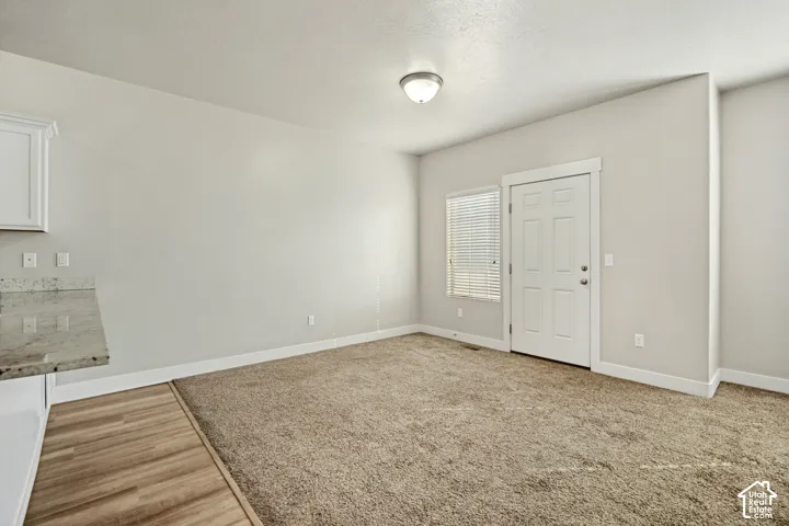 Neutral interior featuring wall-to-wall carpeting, wood-finish flooring, a six-panel entry door, and a built-in stone-top counter